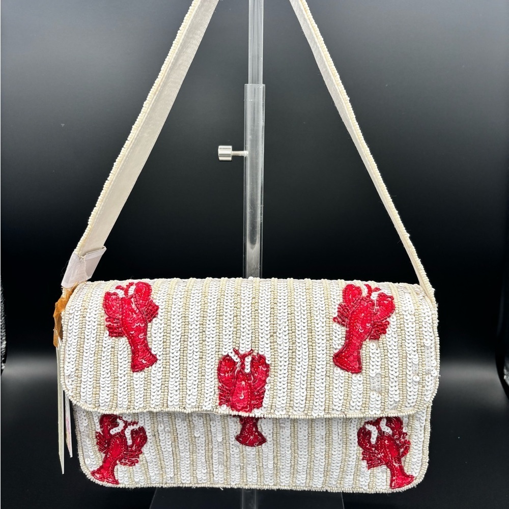 🦞Red Lobster Beaded Shoulder Bag - Red, White and Beige - Made in India🦞